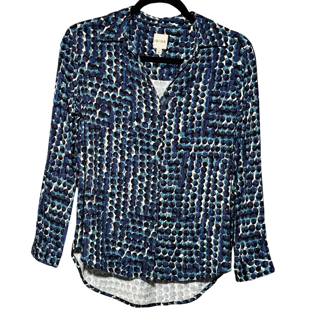 Nic + Zoe Long Good Vibes Sleeve Button Front Abstract Polka Dot Blouse Top - Picture 2 of 14